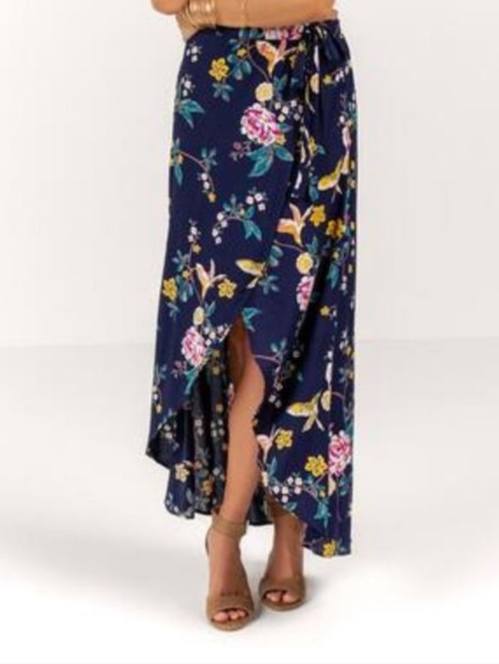 Blue Rain By Francesca's Asymmetrical Floral Rayon Cottagecore Midi Skirt Sz M